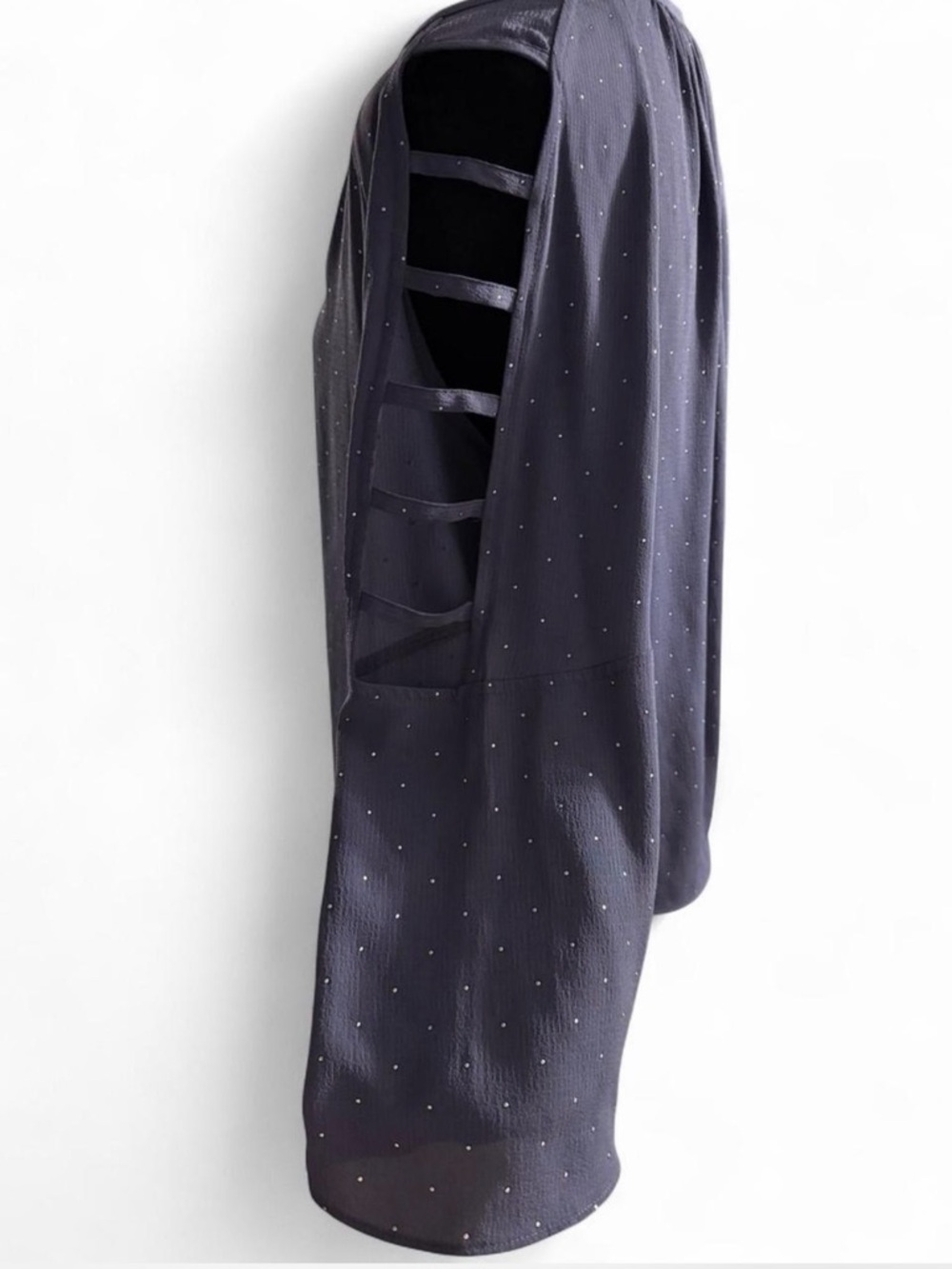 Jennifer Lopez Blue Rhinestone Blouse Cutout Sleeve Size Small Flowy - Picture 5 of 6